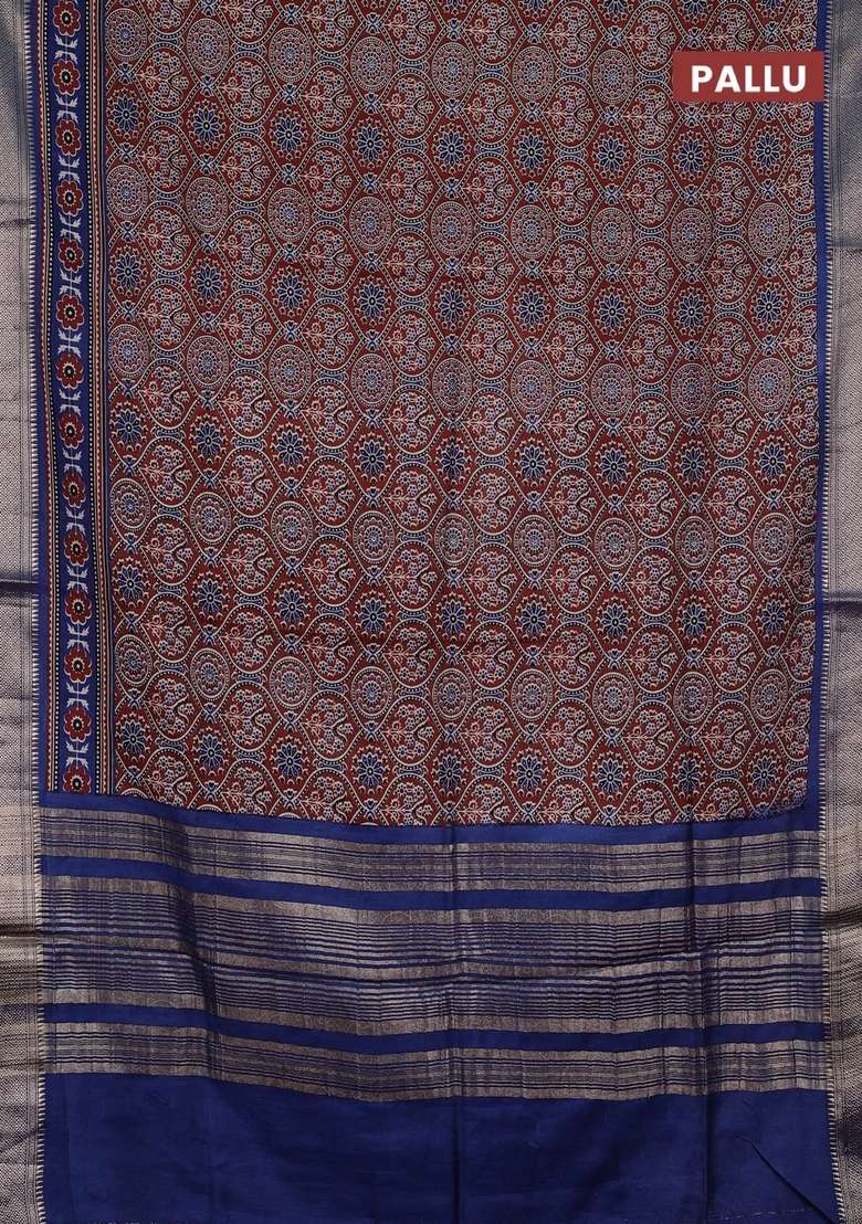 Assam Silk Saree Brown And Indigo Blue With Allover Ajrakh Prints And Zari Woven Border With Printed Design For Women - Indya