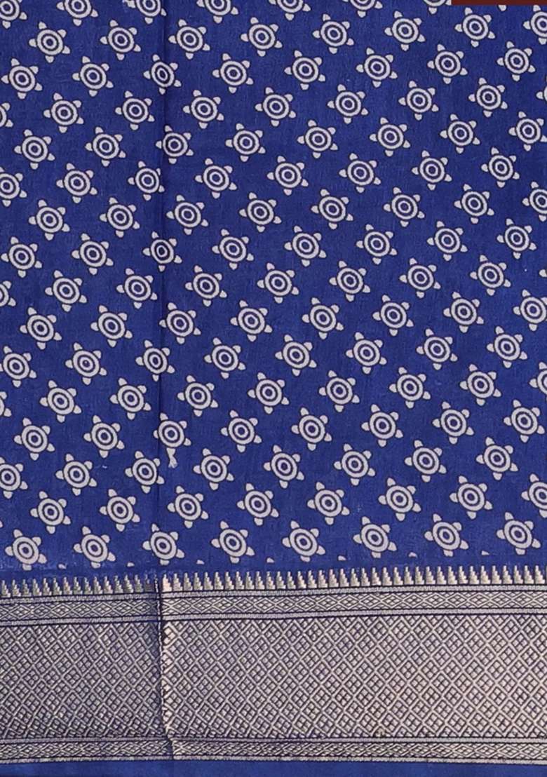 Assam Silk Saree Brown And Indigo Blue With Allover Ajrakh Prints And Zari Woven Border With Printed Design For Women - Indya