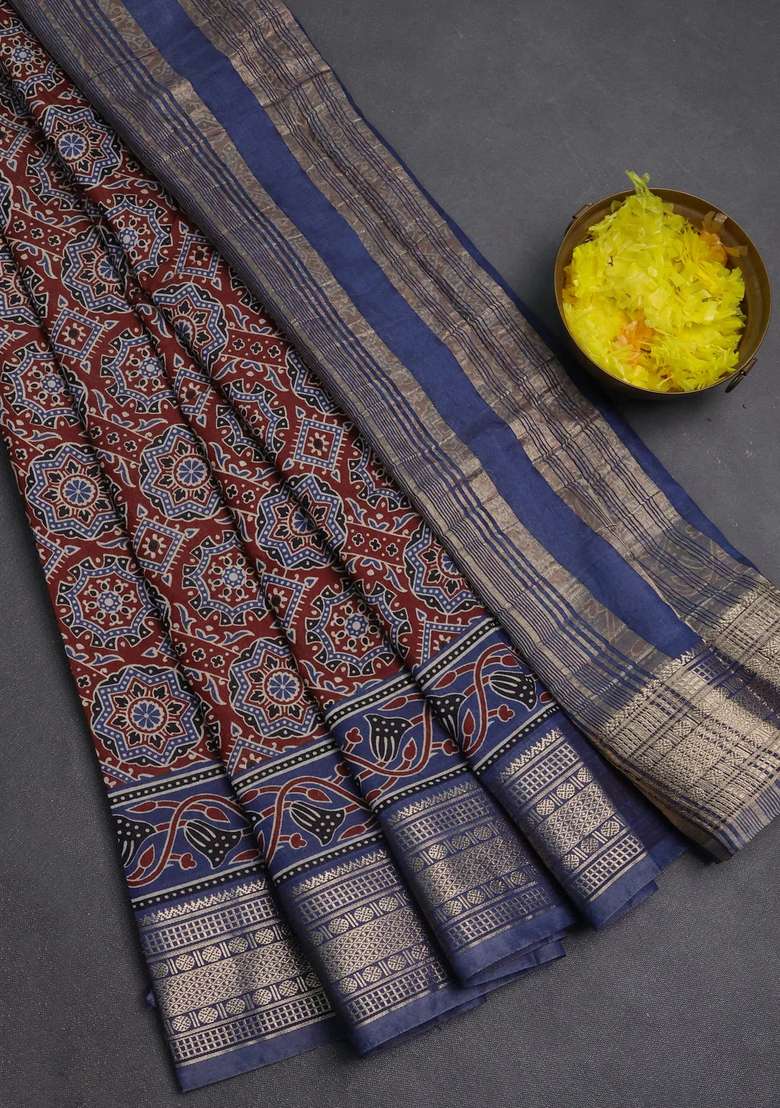 Assam Silk Saree Coffee Brown And Indigo Blue With Allover Ajrakh Prints And Zari Woven Border With Printed Design For Women - Indya