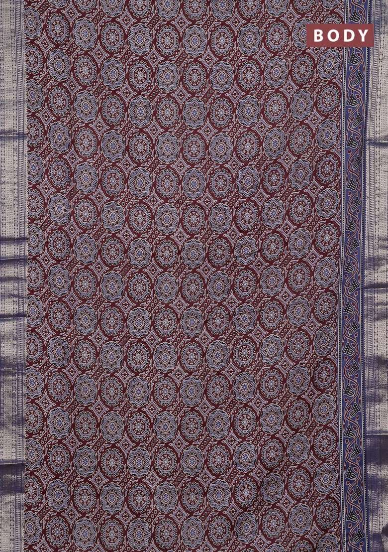 Assam Silk Saree Coffee Brown And Indigo Blue With Allover Ajrakh Prints And Zari Woven Border With Printed Design For Women - Indya