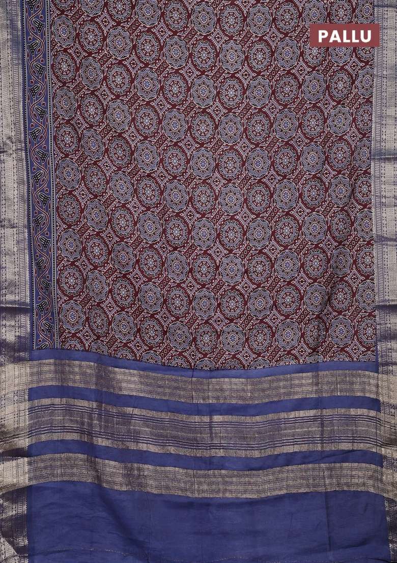 Assam Silk Saree Coffee Brown And Indigo Blue With Allover Ajrakh Prints And Zari Woven Border With Printed Design For Women - Indya