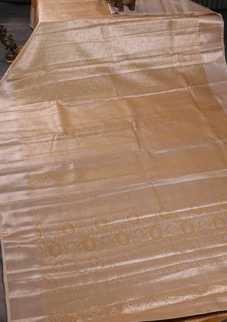 Bangalori Tissue Silk Saree Sandal With Allover Zari Woven Brocade Weaves And Zari Woven Border With Buttas And Brocade Design For Women - Indya