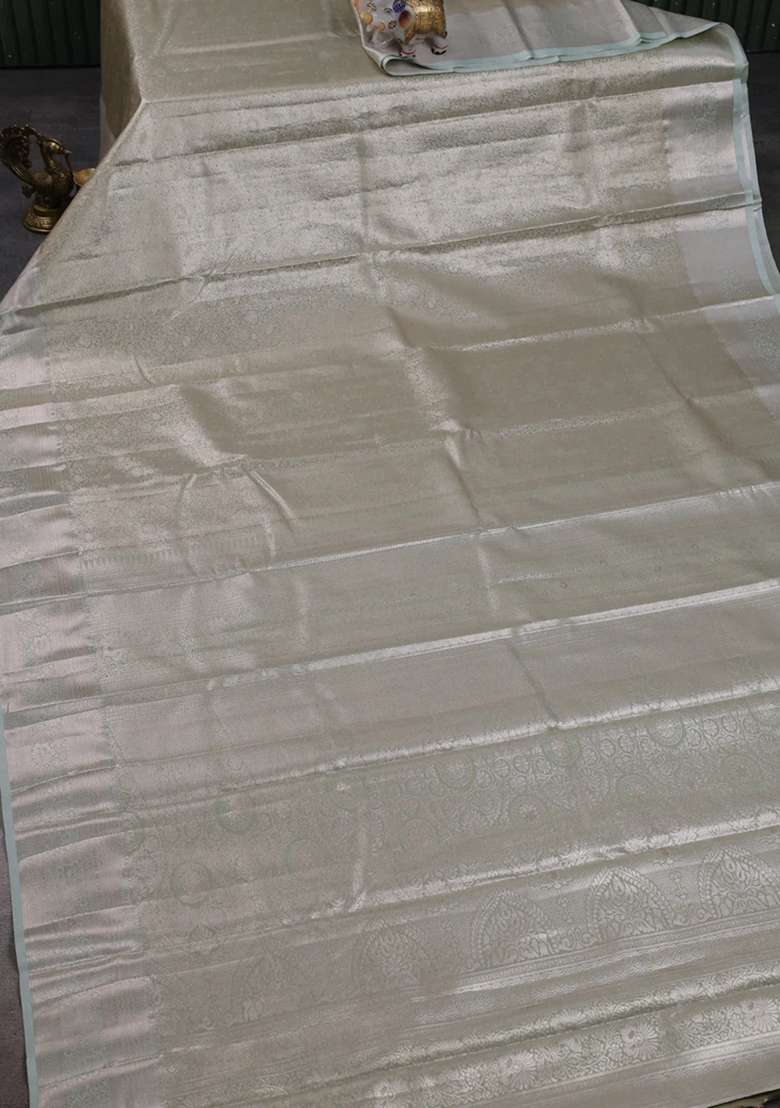 Bangalori Tissue Silk Saree Pista Green With Allover Zari Woven Brocade Weaves And Zari Woven Border With Buttas And Brocade Design For Women - Indya