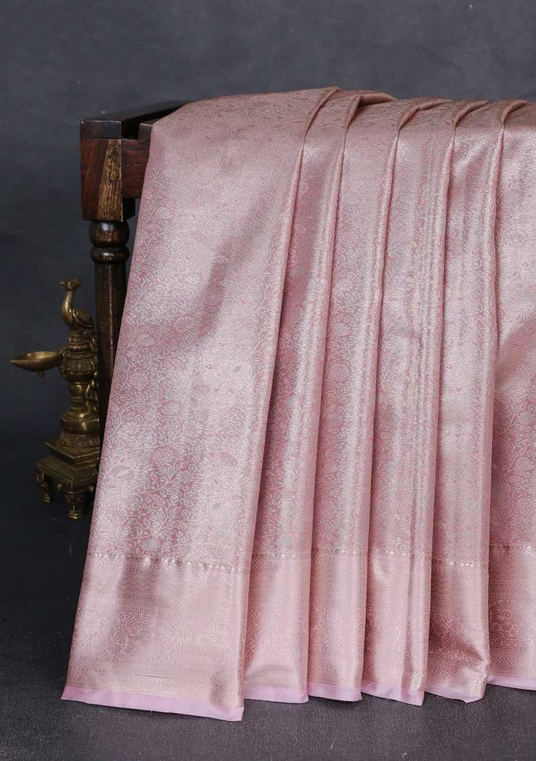 Bangalori Tissue Silk Saree Baby Pink With Allover Zari Woven Brocade Weaves And Zari Woven Border With Buttas And Brocade Design For Women - Indya