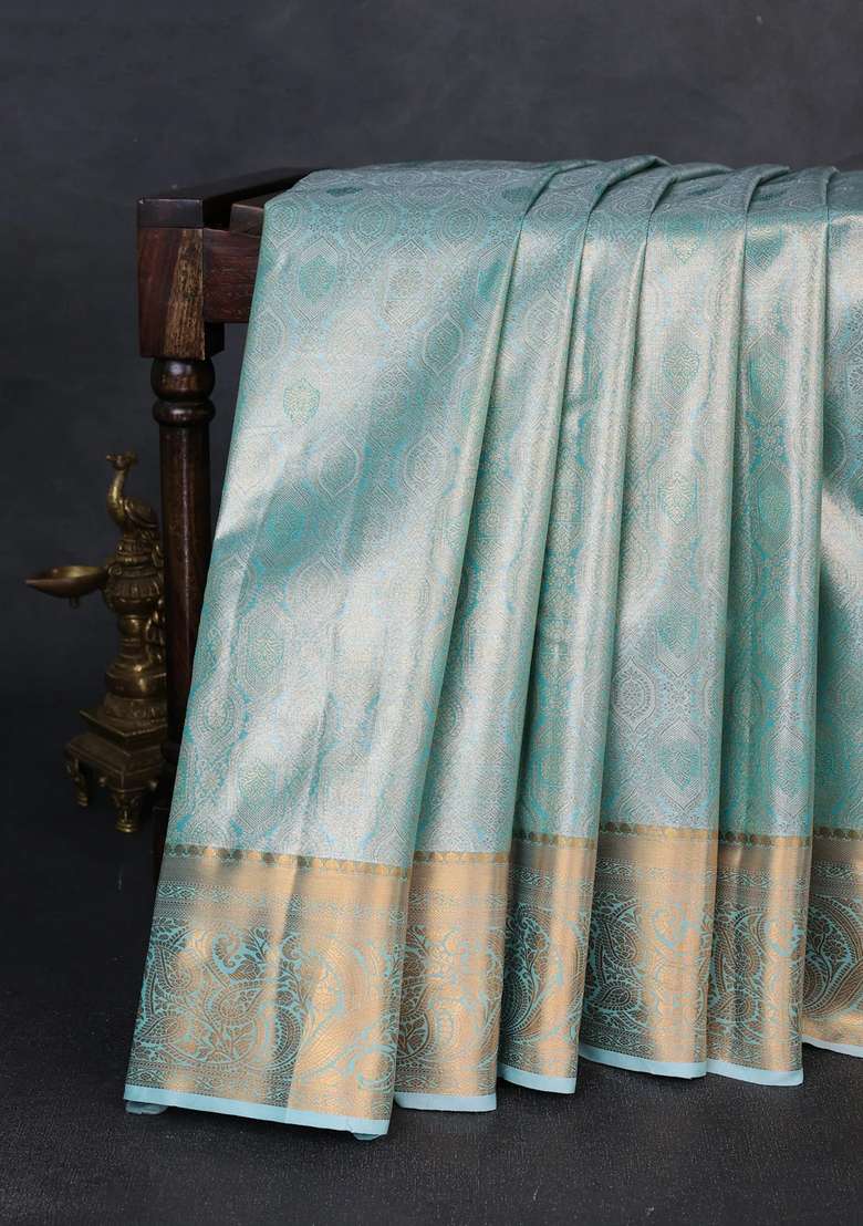 Bangalori Tissue Silk Saree Teal Green With Allover Zari Woven Brocade Weaves And Zari Woven Border With Buttas And Brocade Design For Women - Indya