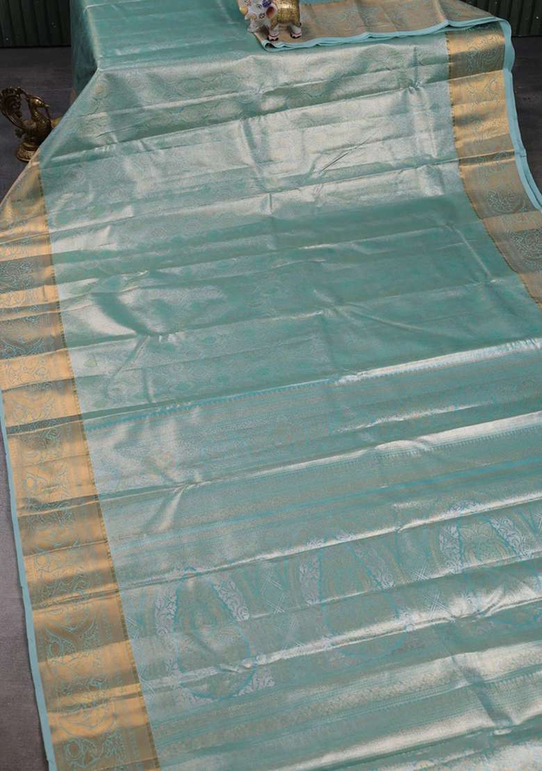 Bangalori Tissue Silk Saree Teal Green With Allover Zari Woven Brocade Weaves And Zari Woven Border With Buttas And Brocade Design For Women - Indya