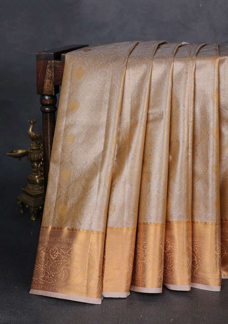 Bangalori Tissue Silk Saree Beige With Allover Zari Woven Brocade Weaves And Zari Woven Border With Buttas And Brocade Design For Women - Indya