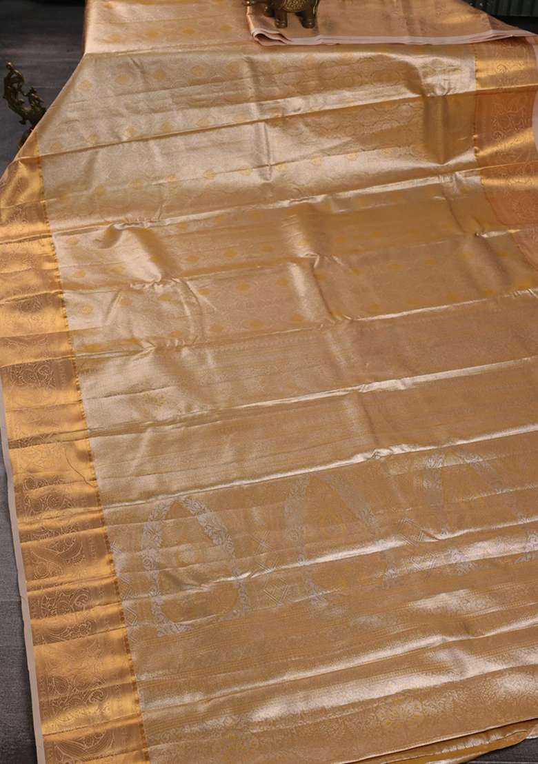 Bangalori Tissue Silk Saree Beige With Allover Zari Woven Brocade Weaves And Zari Woven Border With Buttas And Brocade Design For Women - Indya