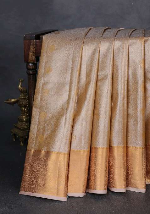 Bangalori Tissue Silk Saree Beige With Allover Zari Woven Brocade Weaves And Zari Woven Border With Buttas And Brocade Design For Women