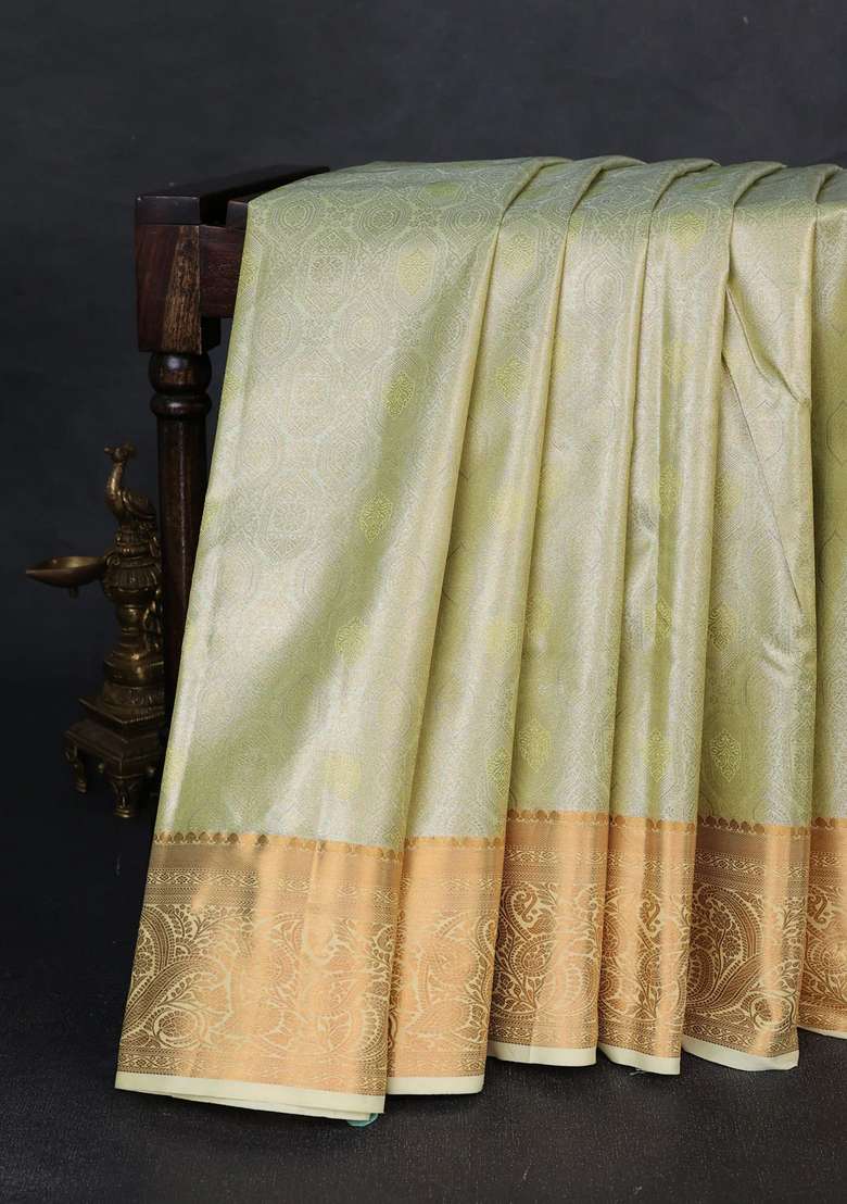 Bangalori Tissue Silk Saree Pista Green And Cream With Allover Zari Woven Brocade Weaves And Zari Woven With Buttas And Brocade Design For Women - Indya