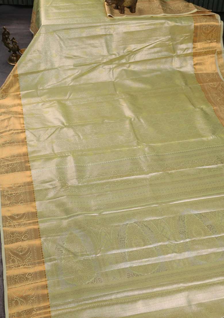 Bangalori Tissue Silk Saree Pista Green And Cream With Allover Zari Woven Brocade Weaves And Zari Woven With Buttas And Brocade Design For Women - Indya