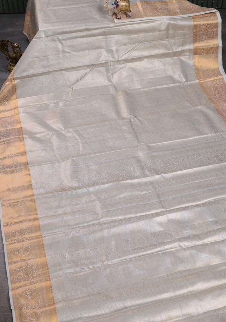 Bangalori Tissue Silk Saree Grey And Off White With Allover Zari Woven Brocade Weaves And Zari Woven Border With Buttas And Brocade Design For Women - Indya