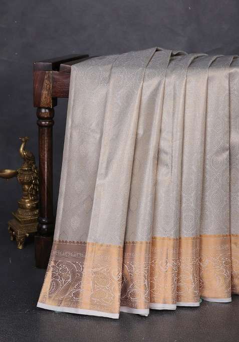 Bangalori Tissue Silk Saree Grey And Off White With Allover Zari Woven Brocade Weaves And Zari Woven Border With Buttas And Brocade Design For Women