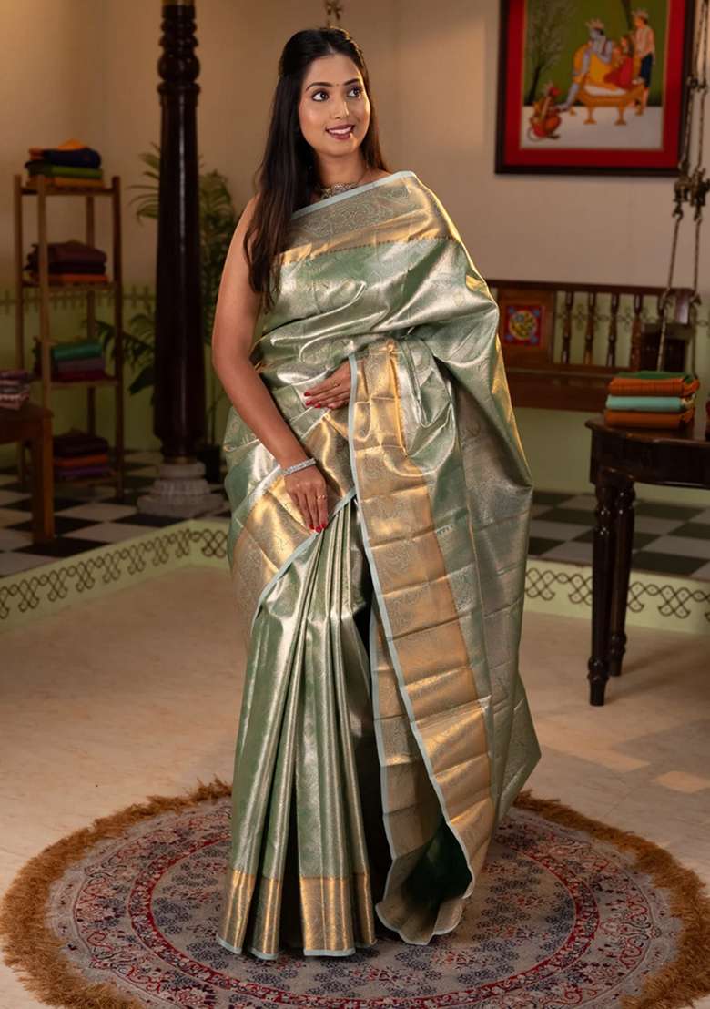Bangalori Tissue Silk Saree Teal Green With Allover Zari Woven Brocade Weaves And Zari Woven Border With Buttas And Brocade Design For Women - Indya