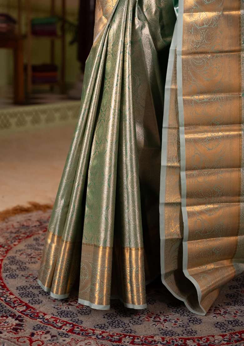 Bangalori Tissue Silk Saree Teal Green With Allover Zari Woven Brocade Weaves And Zari Woven Border With Buttas And Brocade Design For Women - Indya