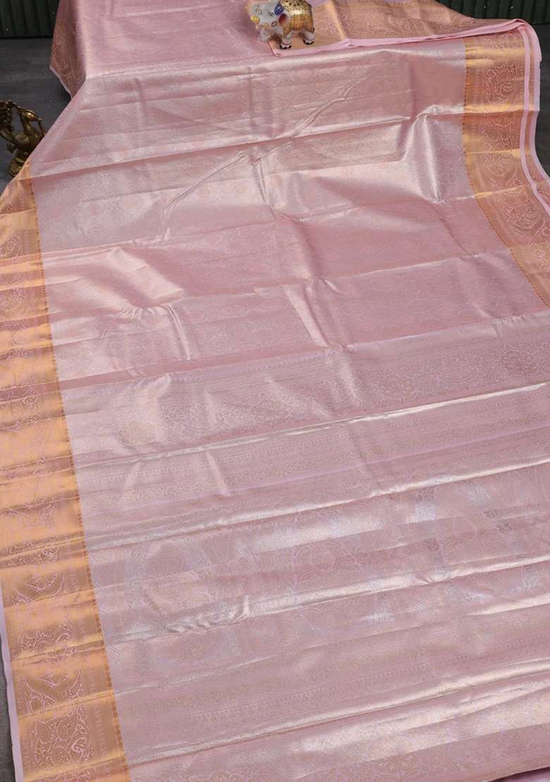 Bangalori Tissue Silk Saree Peach Pink With Allover Zari Woven Brocade Weaves And Zari Woven Border With Buttas And Brocade Design For Women - Indya