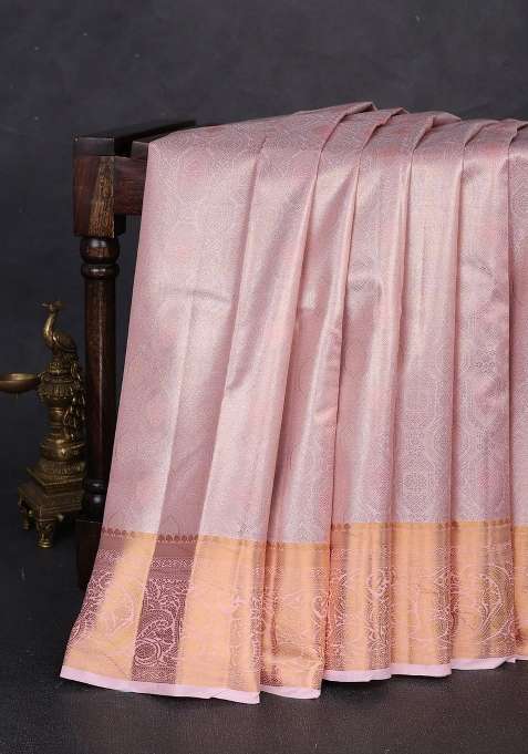 Bangalori Tissue Silk Saree Peach Pink With Allover Zari Woven Brocade Weaves And Zari Woven Border With Buttas And Brocade Design For Women