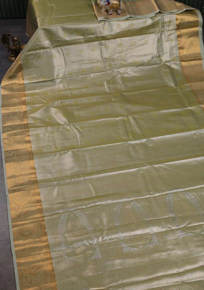 Bangalori Tissue Silk Saree Pastel Green With Allover Zari Woven Brocade Weaves And Zari Woven Border With Buttas And Brocade Design For Women - Indya
