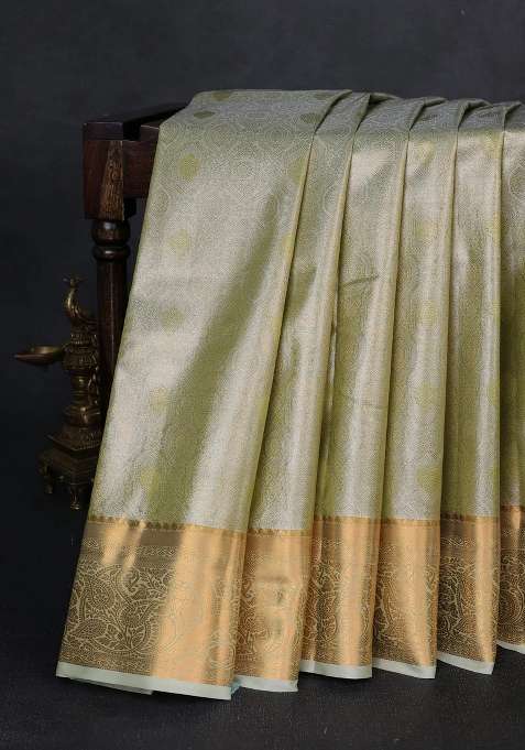 Bangalori Tissue Silk Saree Pastel Green With Allover Zari Woven Brocade Weaves And Zari Woven Border With Buttas And Brocade Design For Women