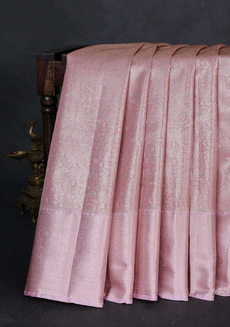 Bangalori Tissue Silk Saree Peach And Baby Pink With Allover Zari Woven Brocade Weaves And Zari Woven Border With Buttas And Brocade Design For Women - Indya