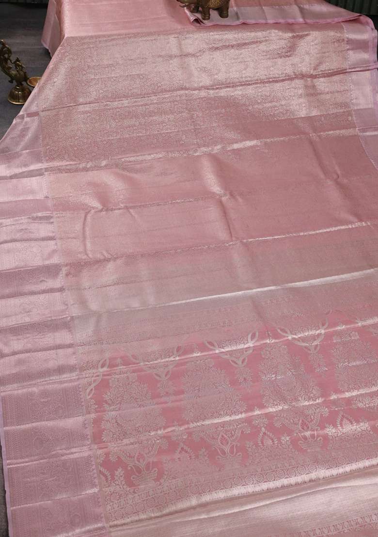 Bangalori Tissue Silk Saree Peach And Baby Pink With Allover Zari Woven Brocade Weaves And Zari Woven Border With Buttas And Brocade Design For Women - Indya