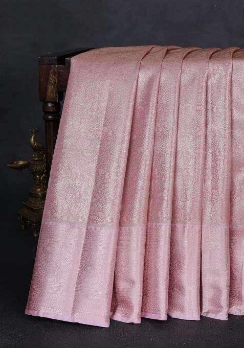 Bangalori Tissue Silk Saree Peach And Baby Pink With Allover Zari Woven Brocade Weaves And Zari Woven Border With Buttas And Brocade Design For Women