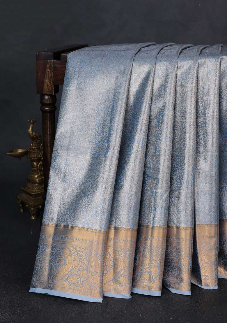 Bangalori Tissue Silk Saree Bluish Grey With Allover Zari Woven Brocade Weaves And Zari Woven Border With Buttas And Brocade Design For Women - Indya