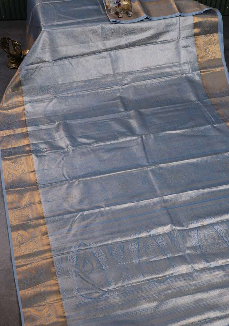 Bangalori Tissue Silk Saree Bluish Grey With Allover Zari Woven Brocade Weaves And Zari Woven Border With Buttas And Brocade Design For Women - Indya