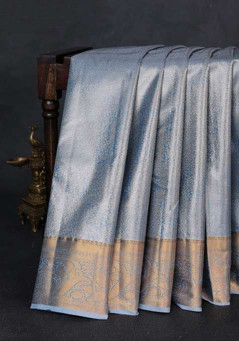 Bangalori Tissue Silk Saree Bluish Grey With Allover Zari Woven Brocade Weaves And Zari Woven Border With Buttas And Brocade Design For Women