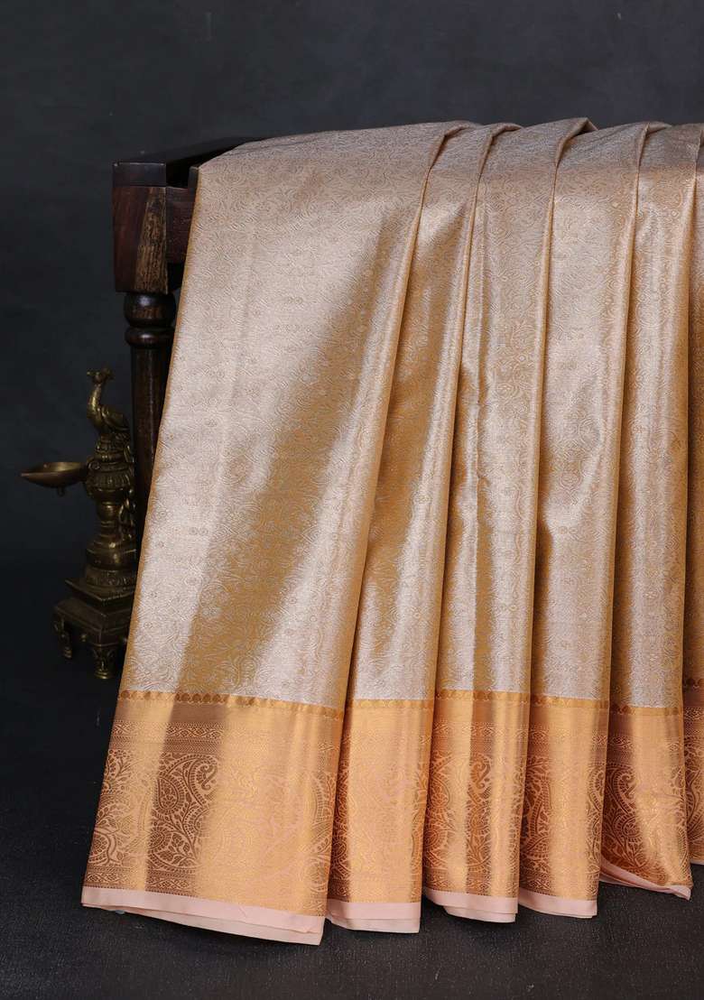 Bangalori Tissue Silk Saree Pale Orange With Allover Zari Woven Brocade Weaves And Zari Woven Border With Buttas And Brocade Design For Women - Indya