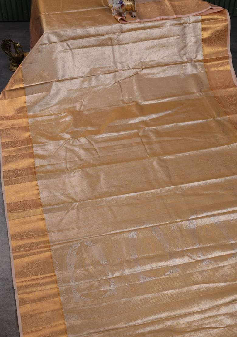 Bangalori Tissue Silk Saree Pale Orange With Allover Zari Woven Brocade Weaves And Zari Woven Border With Buttas And Brocade Design For Women - Indya
