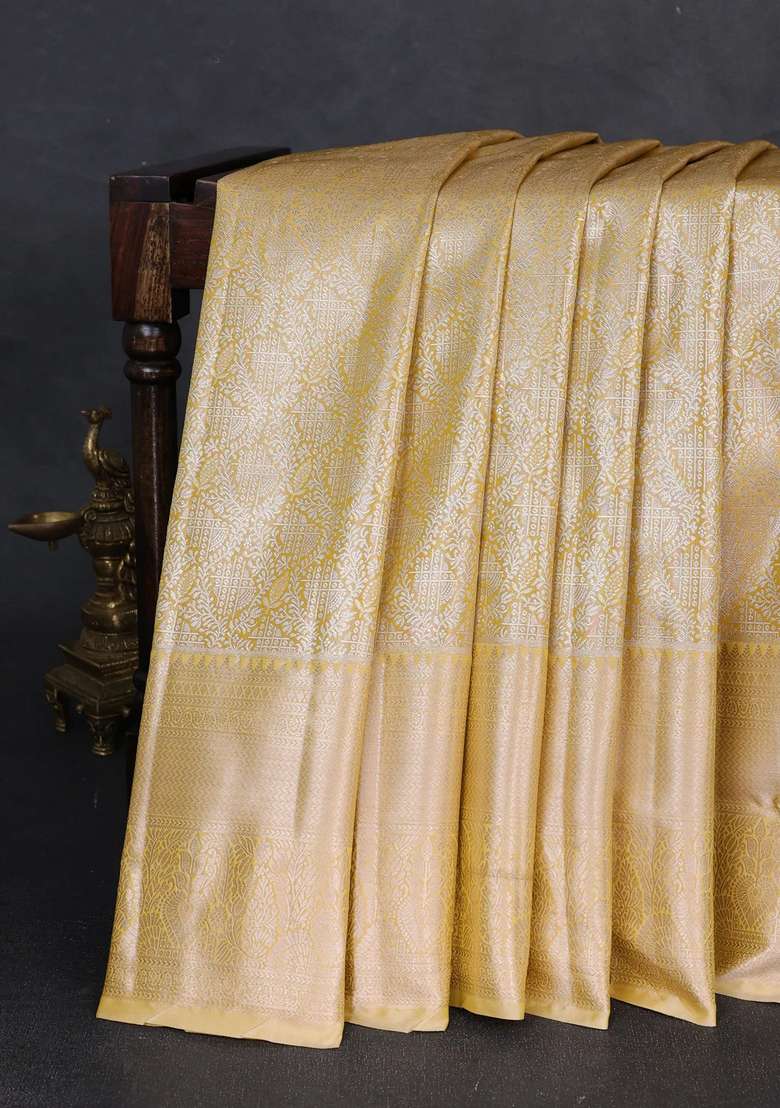 Bangalori Tissue Silk Saree Mustard Yellow With Allover Zari Woven Brocade Weaves And Long Zari Woven Border With Buttas And Brocade Design For Women - Indya