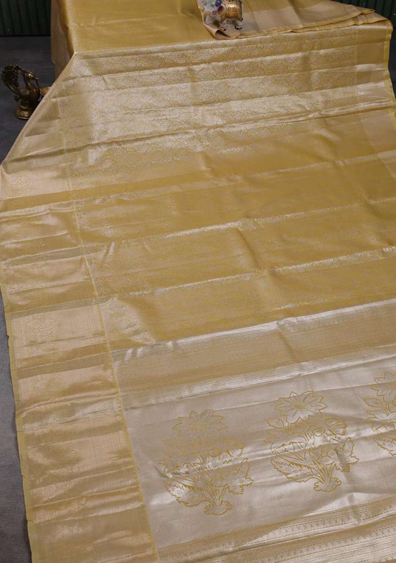 Bangalori Tissue Silk Saree Mustard Yellow With Allover Zari Woven Brocade Weaves And Long Zari Woven Border With Buttas And Brocade Design For Women - Indya