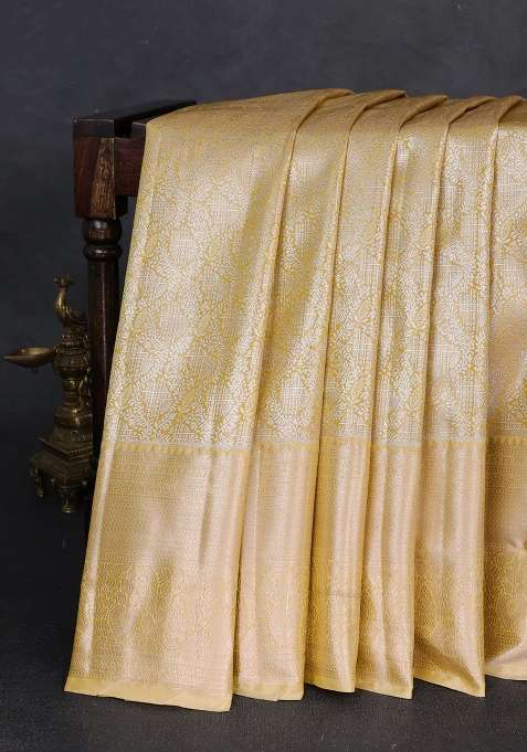 Bangalori Tissue Silk Saree Mustard Yellow With Allover Zari Woven Brocade Weaves And Long Zari Woven Border With Buttas And Brocade Design For Women