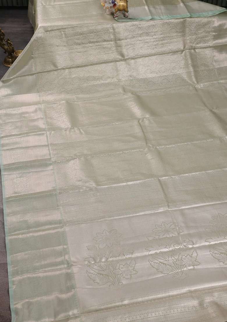Bangalori Tissue Silk Saree Pista Green With Allover Zari Woven Brocade Weaves And Long Zari Woven Border With Buttas And Brocade Design For Women - Indya