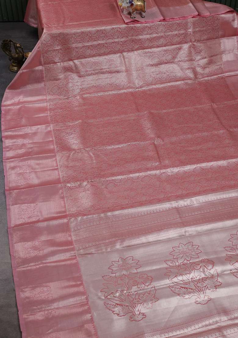Bangalori Tissue Silk Saree Peach Pink With Allover Zari Woven Brocade Weaves And Long Zari Woven Border With Buttas And Brocade Design For Women - Indya