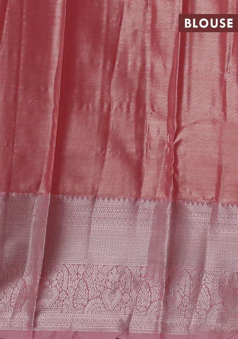Bangalori Tissue Silk Saree Peach Pink With Allover Zari Woven Brocade Weaves And Long Zari Woven Border With Buttas And Brocade Design For Women - Indya