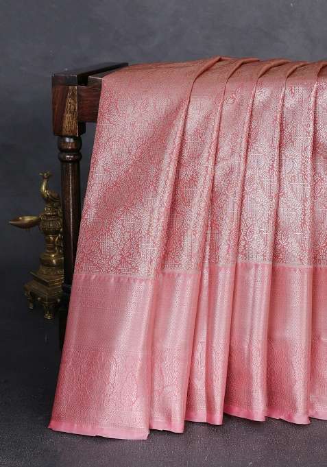 Bangalori Tissue Silk Saree Peach Pink With Allover Zari Woven Brocade Weaves And Long Zari Woven Border With Buttas And Brocade Design For Women