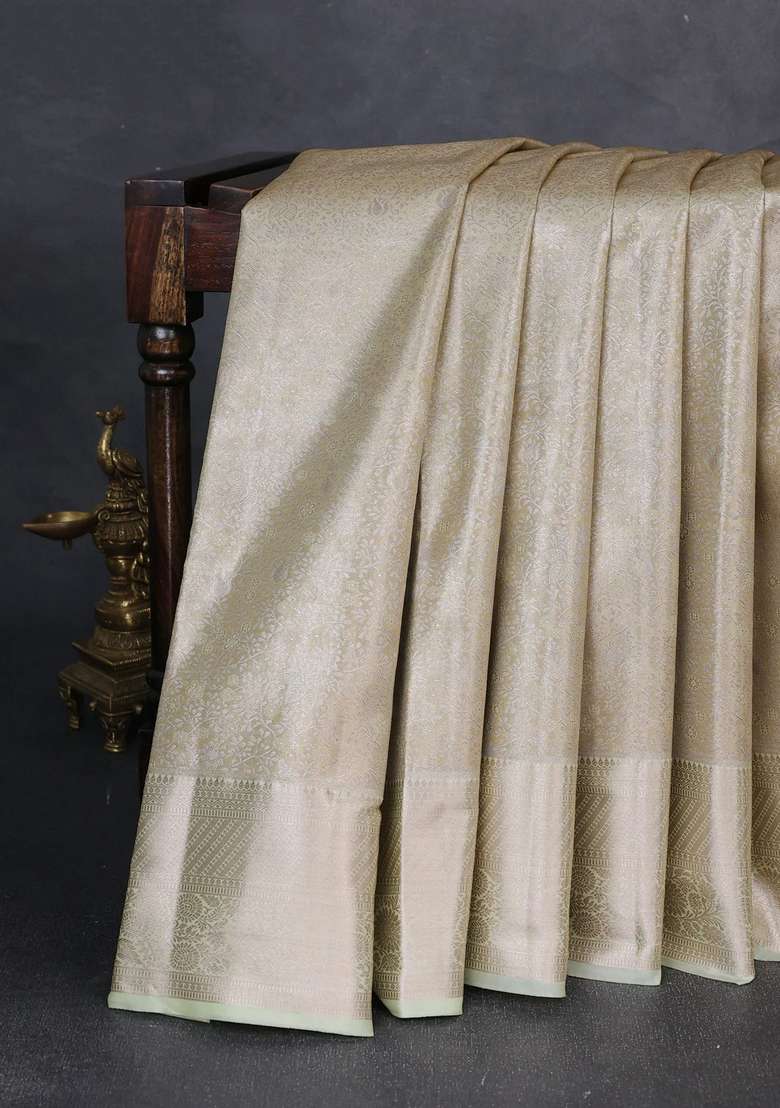 Bangalori Tissue Silk Saree Pista Green With Allover Zari Woven Brocade Weaves And Zari Woven Border With Buttas And Brocade Design For Women - Indya
