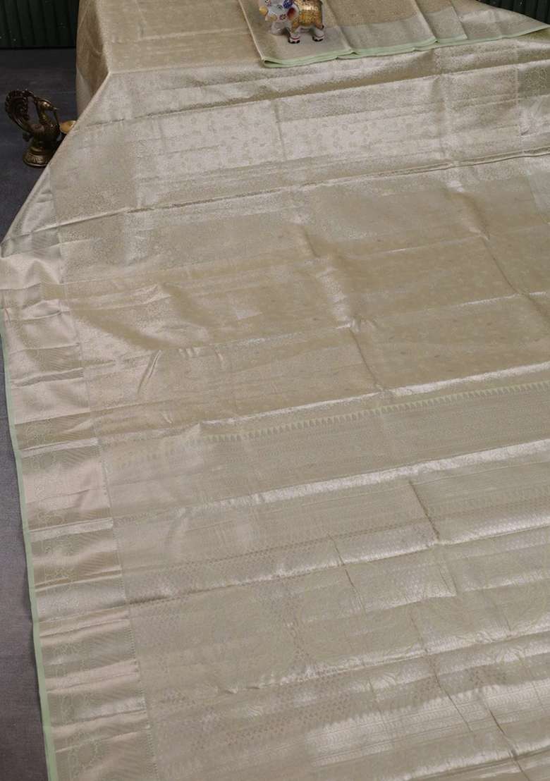 Bangalori Tissue Silk Saree Pista Green With Allover Zari Woven Brocade Weaves And Zari Woven Border With Buttas And Brocade Design For Women - Indya