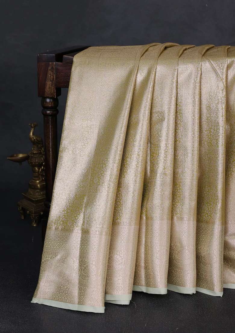 Bangalori Tissue Silk Saree Pista Green With Allover Zari Woven Brocade Weaves And Zari Woven Border With Buttas And Brocade Design For Women - Indya