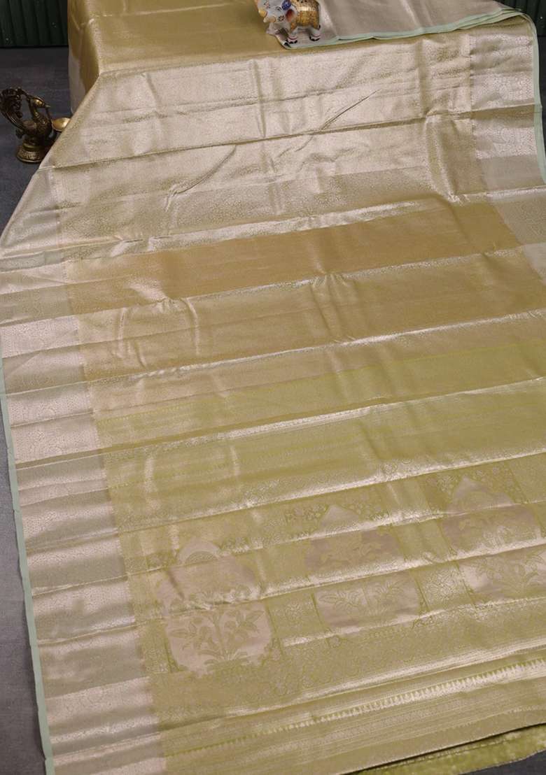Bangalori Tissue Silk Saree Pista Green With Allover Zari Woven Brocade Weaves And Zari Woven Border With Buttas And Brocade Design For Women - Indya