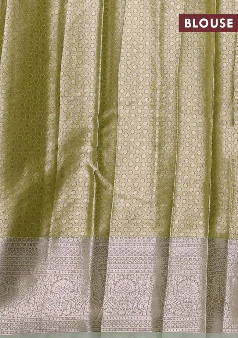 Bangalori Tissue Silk Saree Pista Green With Allover Zari Woven Brocade Weaves And Zari Woven Border With Buttas And Brocade Design For Women - Indya