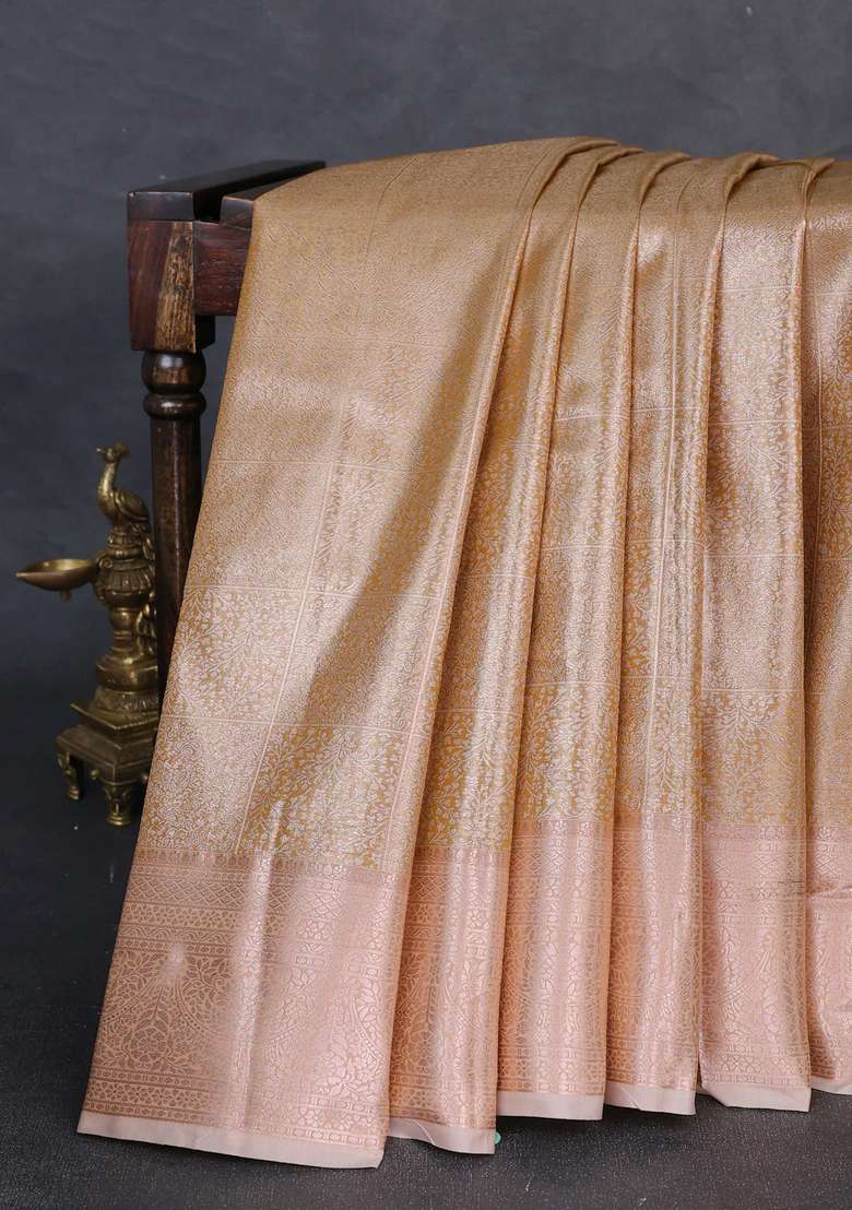 Bangalori Tissue Silk Saree Sandal With Allover Zari Woven Brocade Weaves And Zari Woven Border With Buttas And Brocade Design For Women - Indya