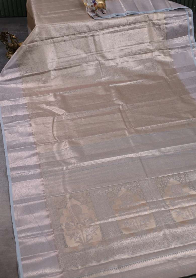 Bangalori Tissue Silk Saree Pastel Blue With Allover Zari Woven Brocade Weaves And Zari Woven Border With Buttas And Brocade Design For Women - Indya