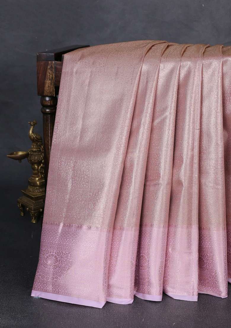 Bangalori Tissue Silk Saree Peach And Lotus Pink With Allover Zari Woven Brocade Weaves And Zari Woven Border With Buttas And Brocade Design For Women - Indya