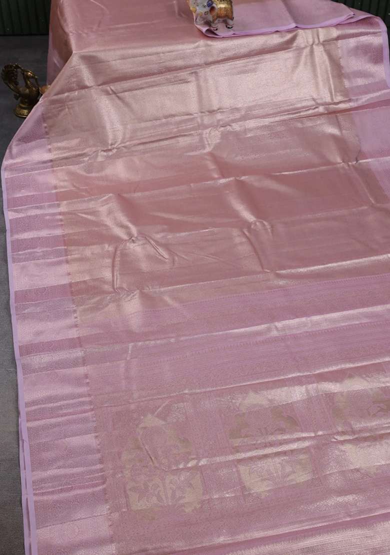 Bangalori Tissue Silk Saree Peach And Lotus Pink With Allover Zari Woven Brocade Weaves And Zari Woven Border With Buttas And Brocade Design For Women - Indya