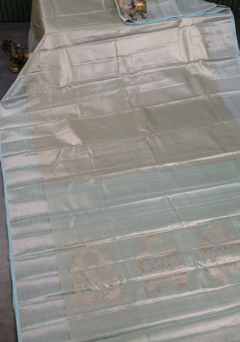 Bangalori Tissue Silk Saree Teal Blue With Allover Zari Woven Brocade Weaves And Zari Woven Border With Buttas And Brocade Design For Women - Indya