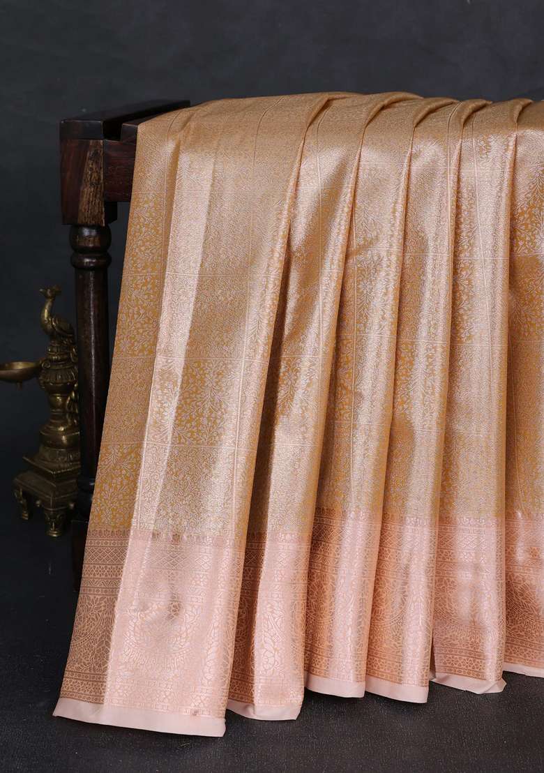 Bangalori Tissue Silk Saree Peach Shade With Allover Zari Woven Brocade Weaves And Zari Woven Border With Buttas And Brocade Design For Women - Indya