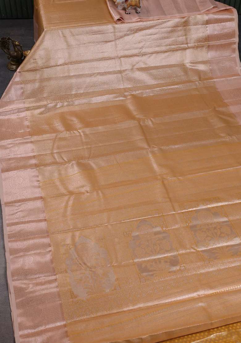 Bangalori Tissue Silk Saree Peach Shade With Allover Zari Woven Brocade Weaves And Zari Woven Border With Buttas And Brocade Design For Women - Indya
